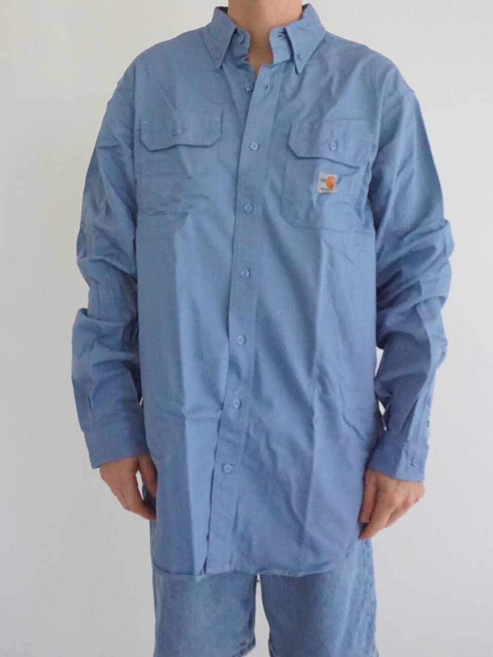 Carhartt Light Blue FR Flame Resistant Dual Chest Pockets Workwear Button Down L